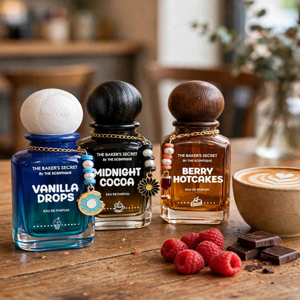 Cafe Treat Trio — three bottles on cafe table with cappuccino, chocolate, raspberries