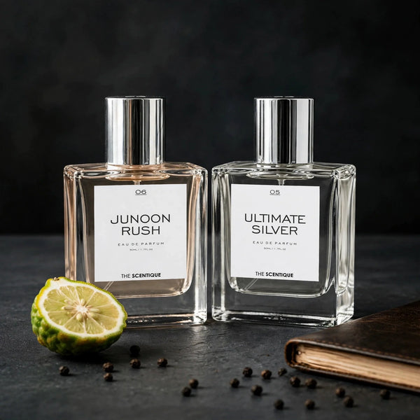 Office Deal — two bottles on dark slate desk with bergamot and leather notebook