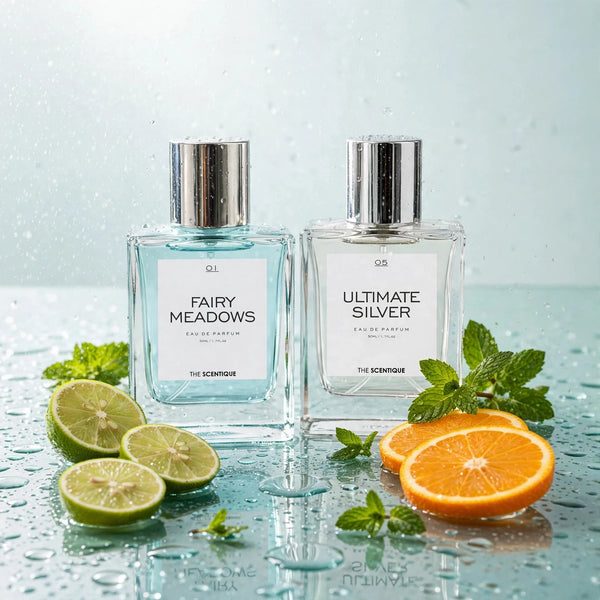 Summer Fresh Deal — two bottles on wet aqua glass with citrus and mint