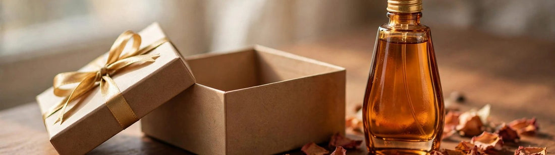 Perfume gift box with amber bottle, gold ribbon and rose petals on wooden table