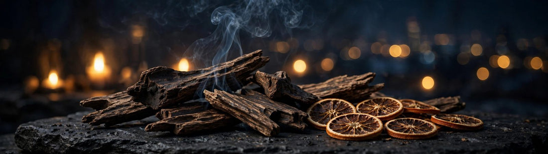 Dark oud wood, incense smoke and warm amber candlelight on a winter night — oud perfume for winter nights in Pakistan