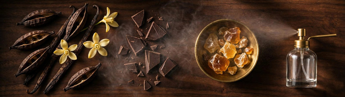Vanilla pods, dark chocolate and amber resin flat-lay — beginner scent layering guide, The Scentique Pakistan