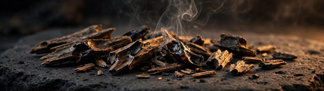 Dark resinous agarwood oud chips on charcoal stone with a wisp of incense smoke