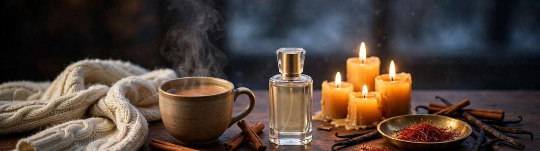 Cozy winter fragrance still-life with perfume bottle, candles, vanilla pods, cinnamon sticks, saffron and chai